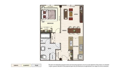 Floor plan for 1 bed, 1 bath, 713 sqft